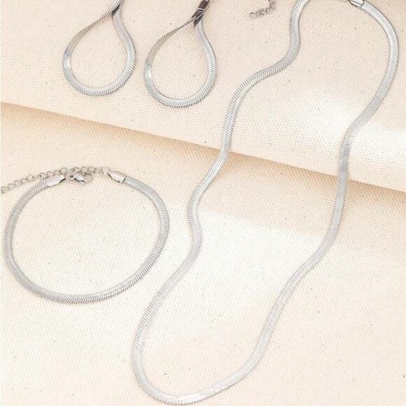 Sterling Silver Necklace Earrings Bracelet Set, Three piece Herringbone Set - Picture 6 of 7